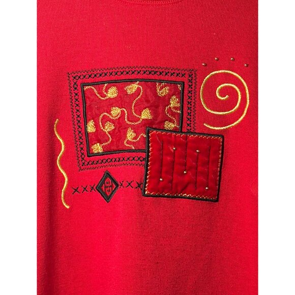VTG Bobbie Brooks Red Long Sleeve Top Velvet Trim & Embroidered Details Womens L - Picture 4 of 7